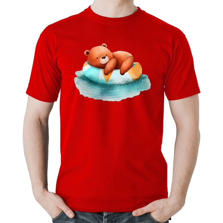 Camiseta Algodão Ursinho Teddy Relaxando Na Piscina - Vermelha