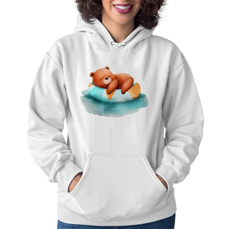 Moletom Feminino Ursinho Teddy Relaxando Na Piscina - Branco