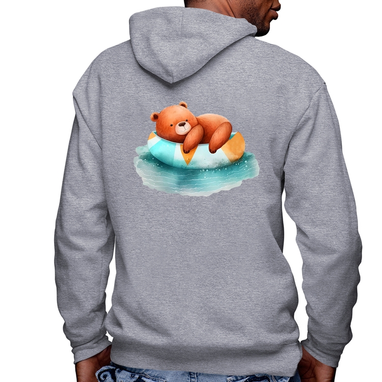 Blusa Moletom Ursinho Teddy Relaxando Na Piscina Masculina com Capuz e Zíper - Mescla