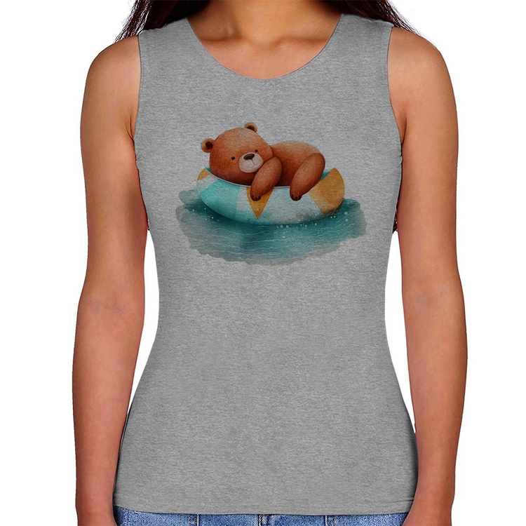 Regata Feminina Ursinho Teddy Relaxando Na Piscina - Cinza