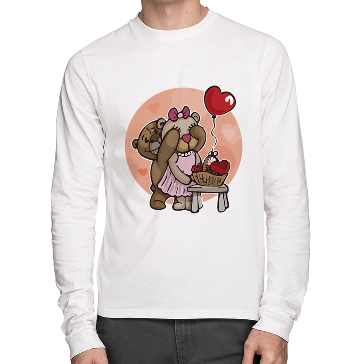 Camiseta Algodão Ursinhos Fofos Manga Longa - Branca