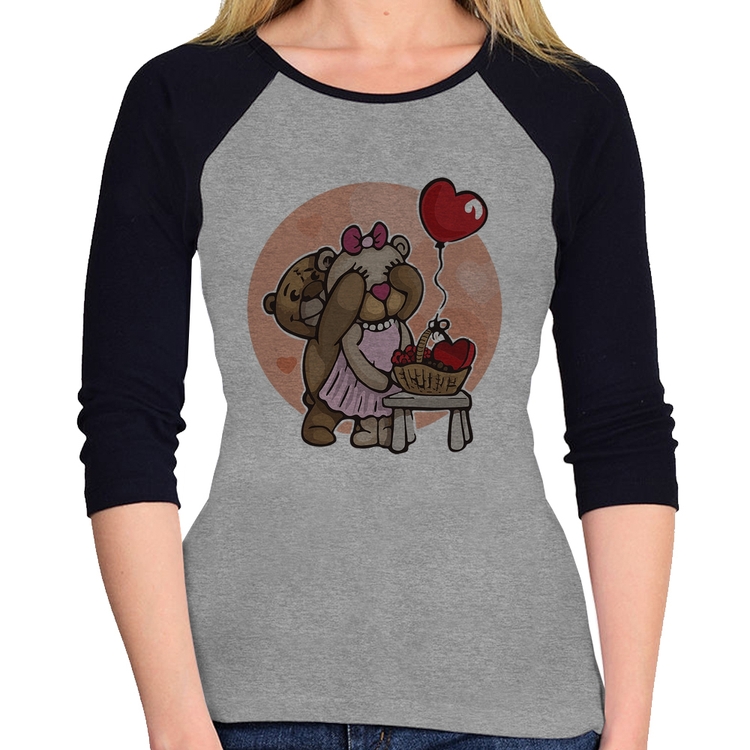 Baby Look Raglan Ursinhos Fofos Manga 3/4 - Cinza/Preto