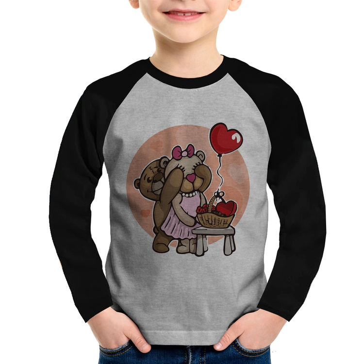 Camiseta Raglan Infantil Ursinhos Fofos Manga Longa - Cinza/Preto