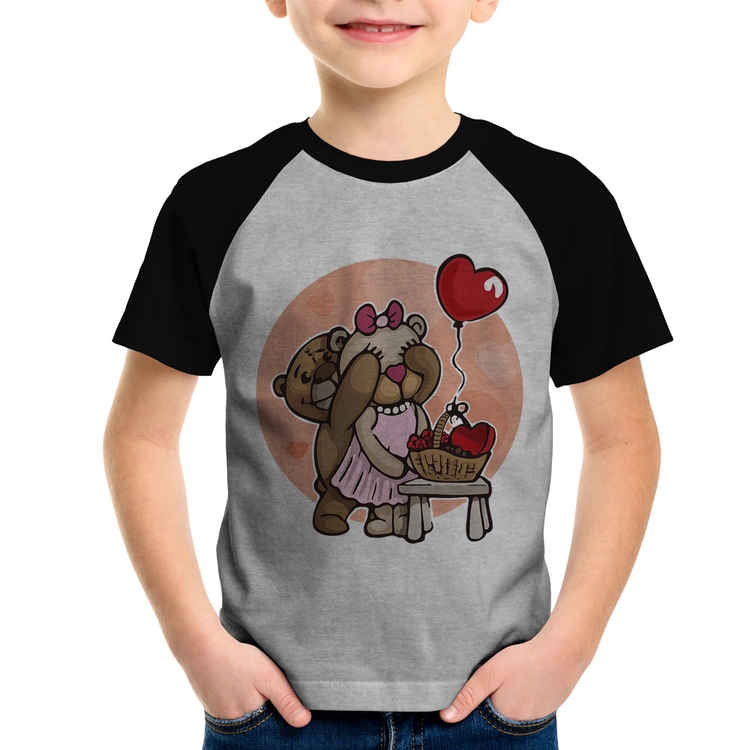 Camiseta Raglan Infantil Ursinhos Fofos - Cinza/Preto