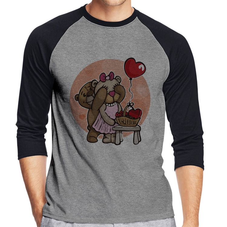 Camiseta Raglan Ursinhos Fofos Manga 3/4 - Cinza/Preto