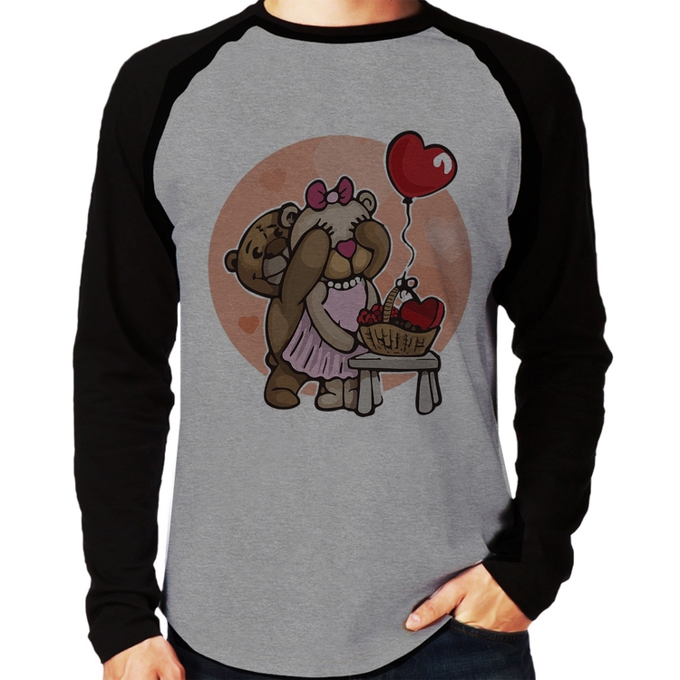 Camiseta Raglan Ursinhos Fofos Manga Longa - Cinza/Preto