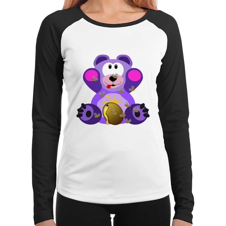 Baby Look Raglan Urso Mel Manga Longa