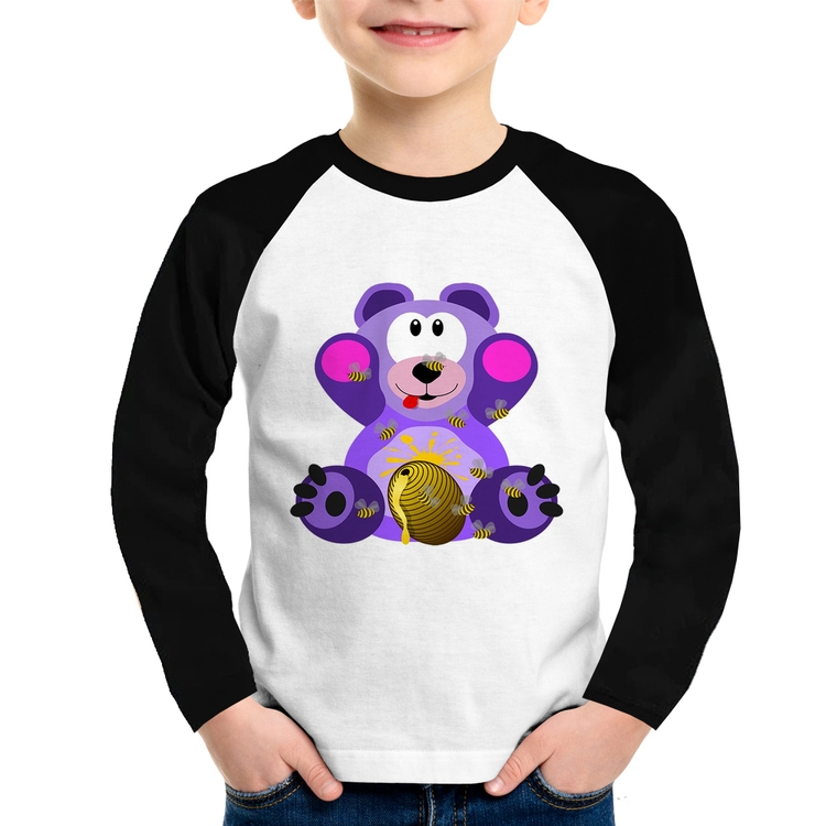 Camiseta Raglan Infantil Urso Mel Manga Longa