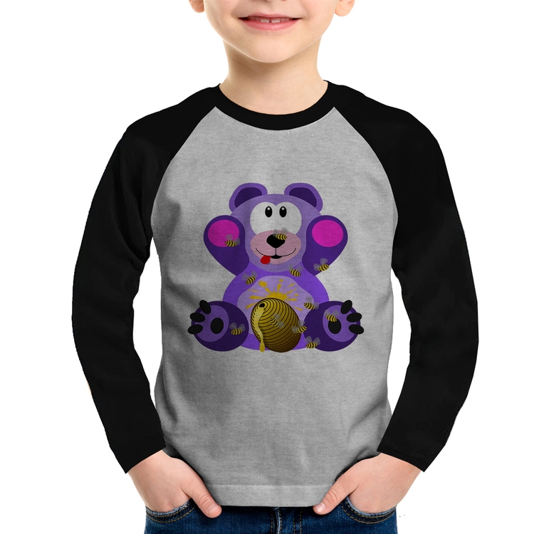 Camiseta Raglan Infantil Urso Mel Manga Longa - Cinza/Preto