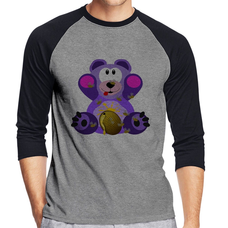 Camiseta Raglan Urso Mel Manga 3/4 - Cinza/Preto