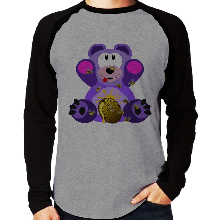 Camiseta Raglan Urso Mel Manga Longa - Cinza/Preto