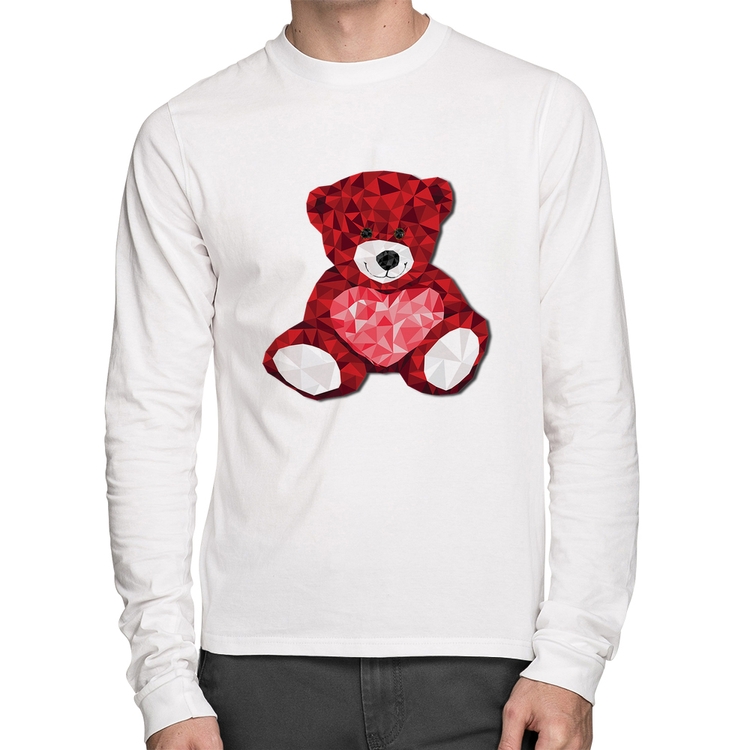 Camiseta Algodão Urso Mosaico Manga Longa - Branca