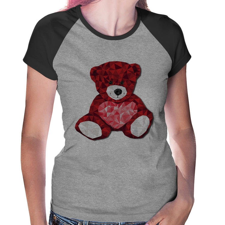 Baby Look Raglan Urso Mosaico - Cinza/Preto
