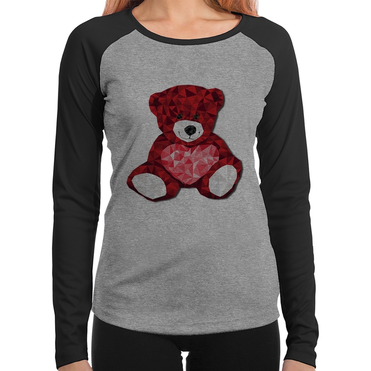 Baby Look Raglan Urso Mosaico Manga Longa - Cinza/Preto