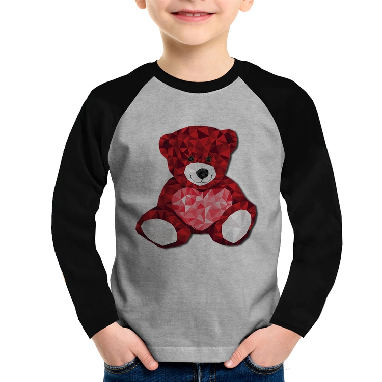 Camiseta Raglan Infantil Urso Mosaico Manga Longa - Cinza/Preto