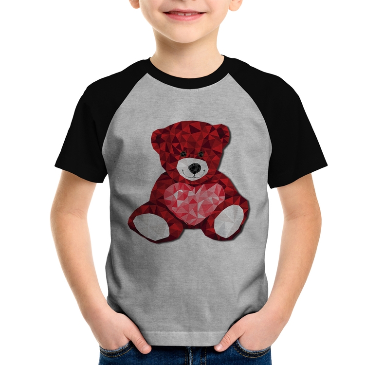 Camiseta Raglan Infantil Urso Mosaico - Cinza/Preto