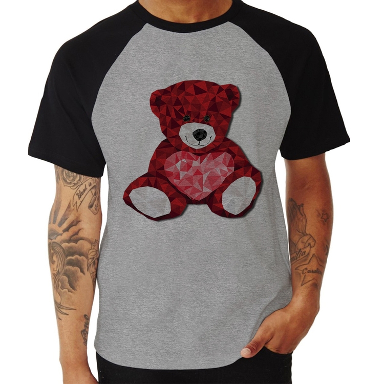 Camiseta Raglan Urso Mosaico - Cinza/Preto