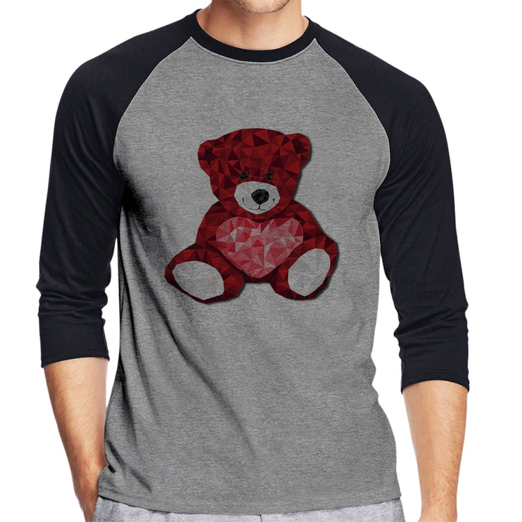 Camiseta Raglan Urso Mosaico Manga 3/4 - Cinza/Preto