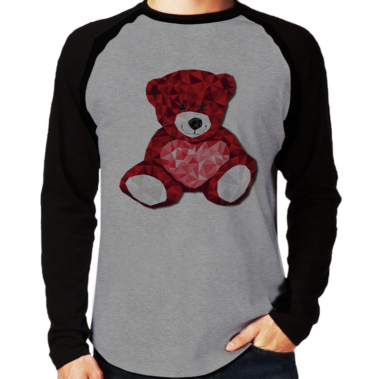 Camiseta Raglan Urso Mosaico Manga Longa - Cinza/Preto