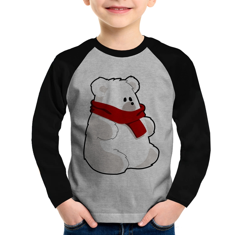 Camiseta Raglan Infantil Urso Polar Manga Longa - Cinza/Preto