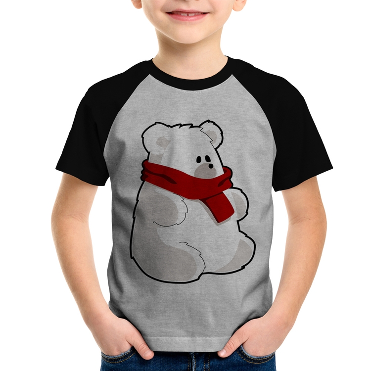 Camiseta Raglan Infantil Urso Polar - Cinza/Preto