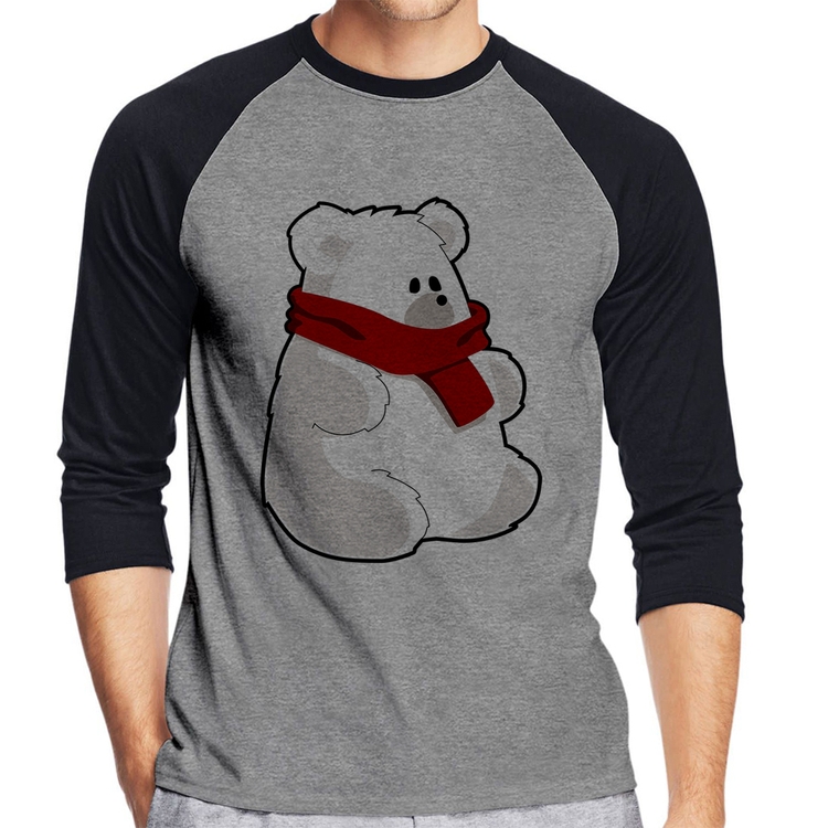 Camiseta Raglan Urso Polar Manga 3/4 - Cinza/Preto