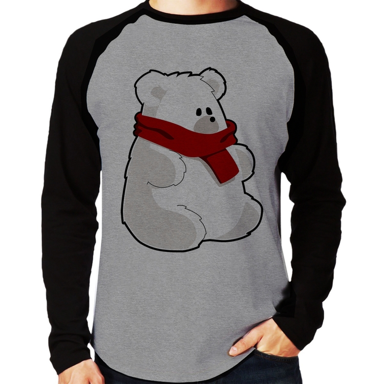 Camiseta Raglan Urso Polar Manga Longa - Cinza/Preto