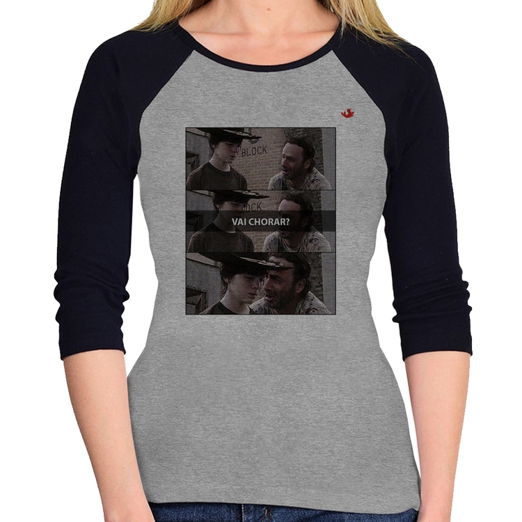 Baby Look Raglan Vai chorar? Manga 3/4 - Cinza/Preto