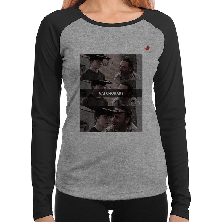 Baby Look Raglan Vai chorar? Manga Longa - Cinza/Preto