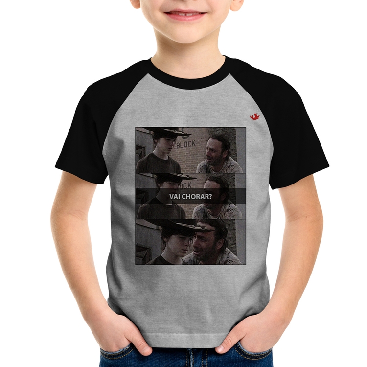 Camiseta Raglan Infantil Vai chorar? - Cinza/Preto