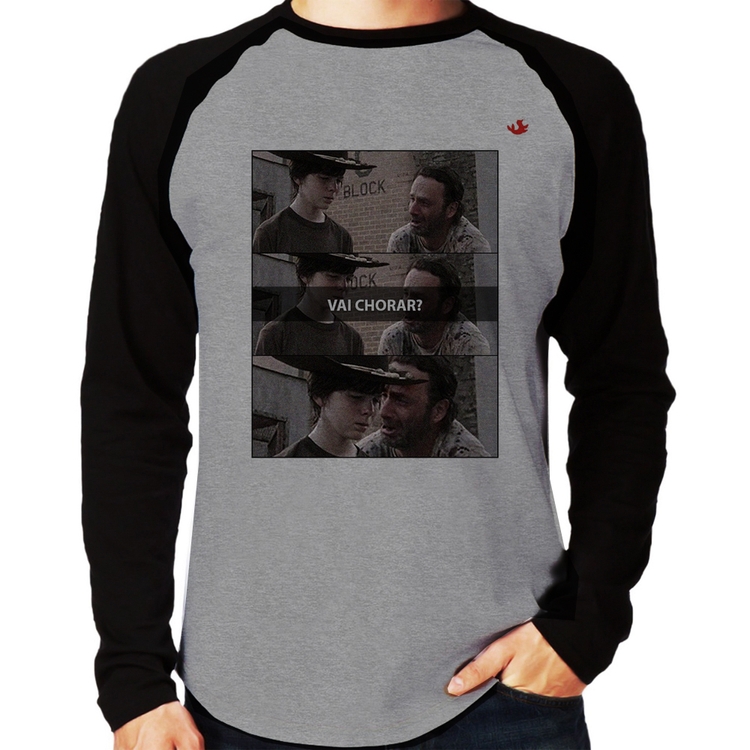 Camiseta Raglan Vai chorar? Manga Longa - Cinza/Preto
