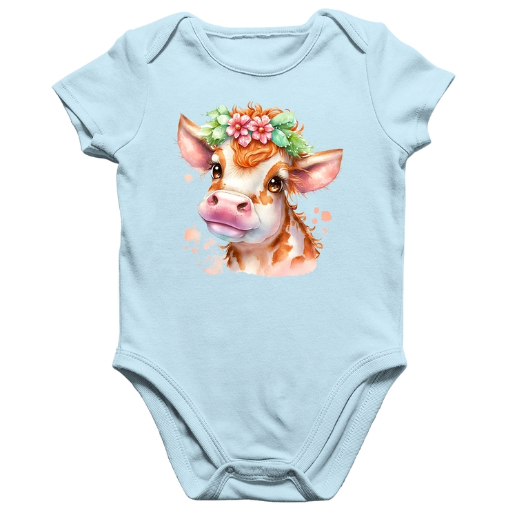Body Bebê Algodão Vaquinha E Flores - Azul Bebê