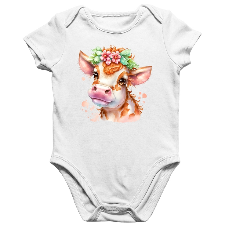 Body Bebê Algodão Vaquinha E Flores - Branco