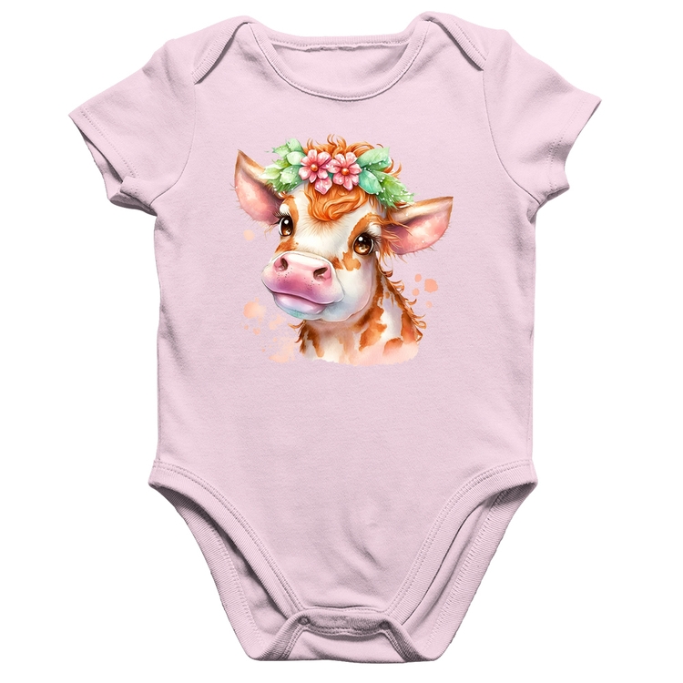 Body Bebê Algodão Vaquinha E Flores - Rosa Bebê