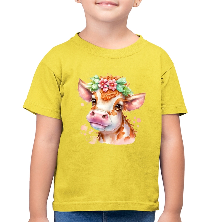 Camiseta Algodão Infantil Vaquinha E Flores - Amarelo Canário