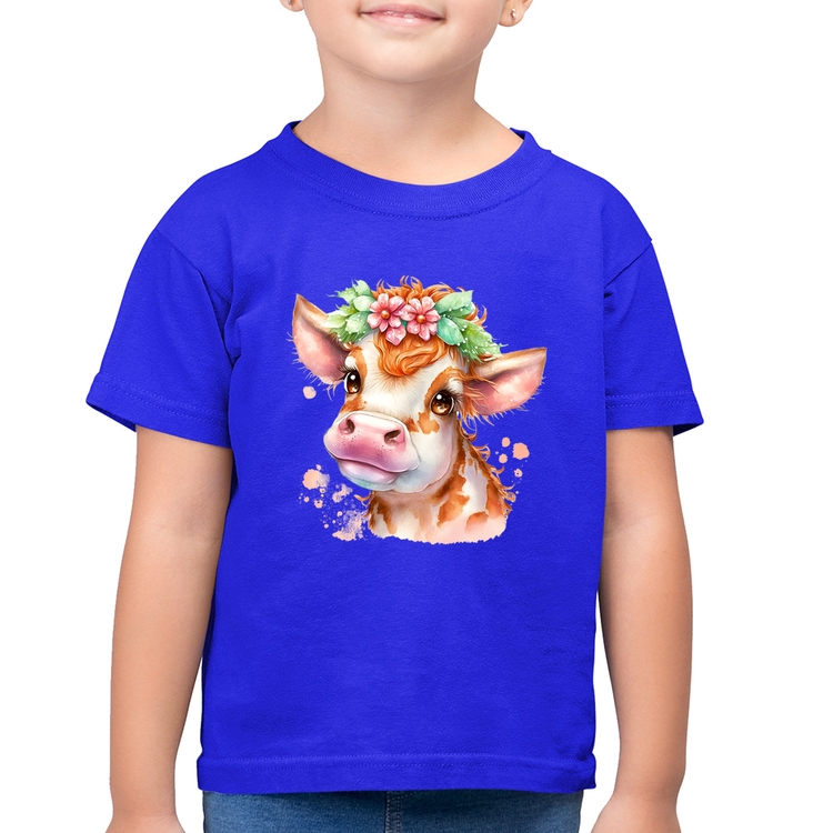 Camiseta Algodão Infantil Vaquinha E Flores - Azul Royal