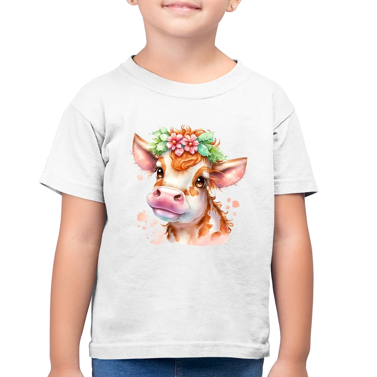 Camiseta Algodão Infantil Vaquinha E Flores - Branca