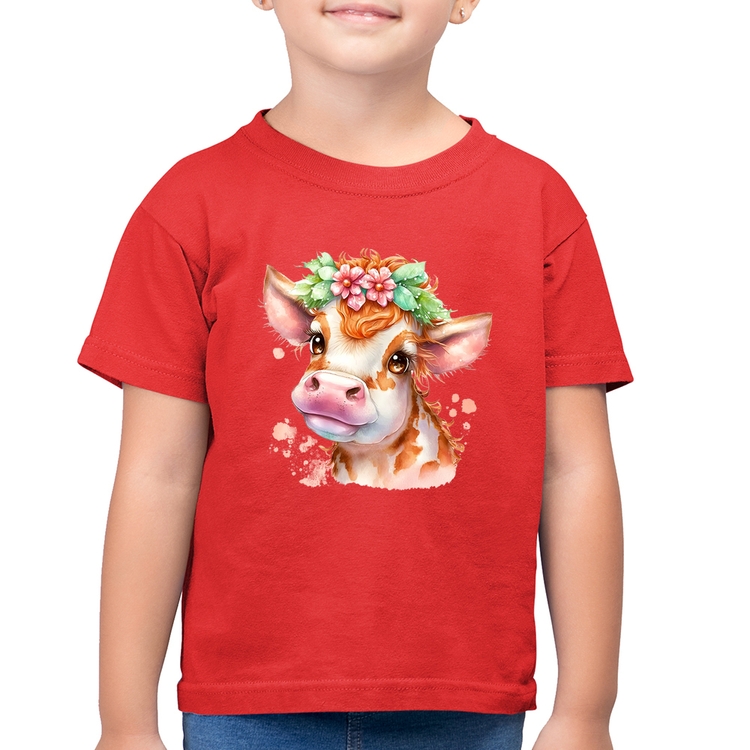 Camiseta Algodão Infantil Vaquinha E Flores - Vermelha
