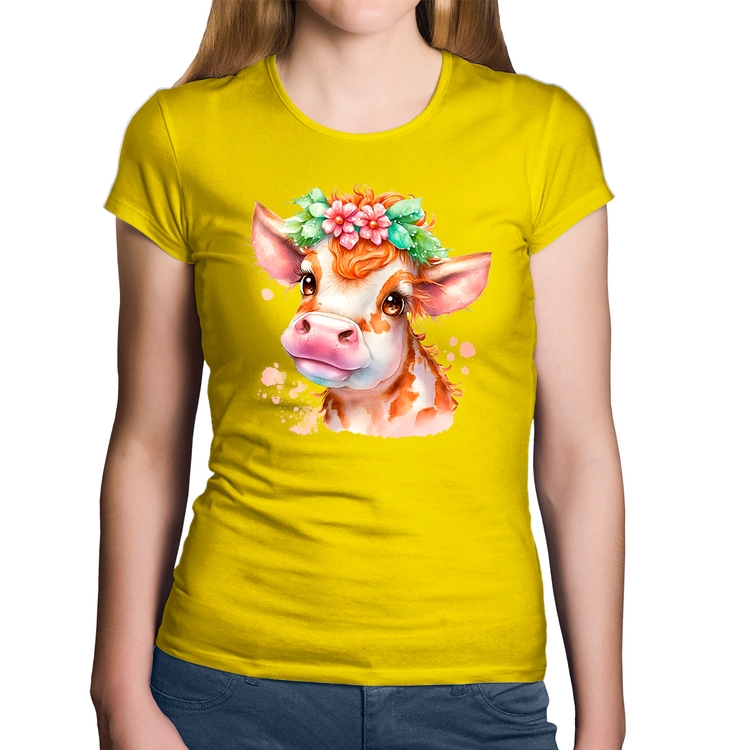 Baby Look Algodão Vaquinha E Flores - Amarela