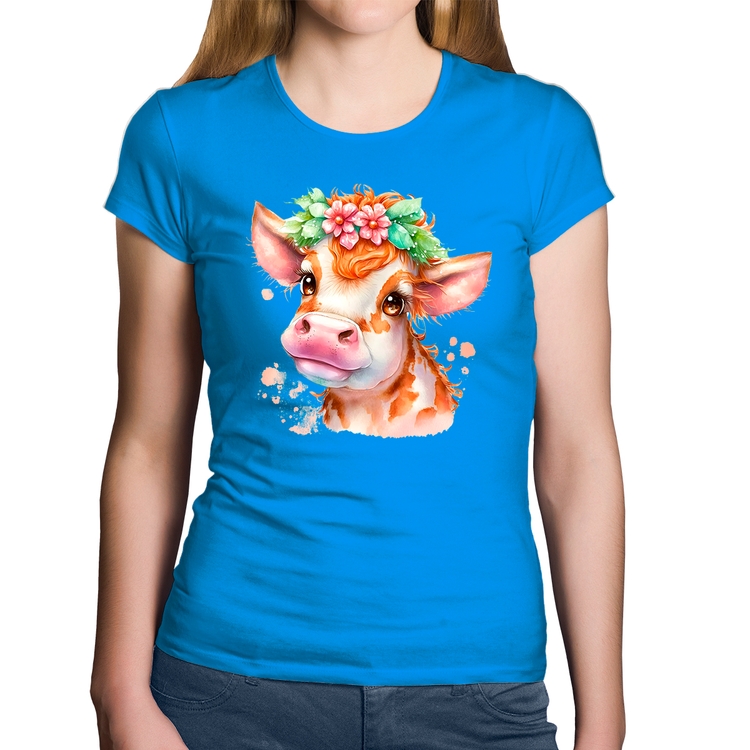 Baby Look Algodão Vaquinha E Flores - Azul