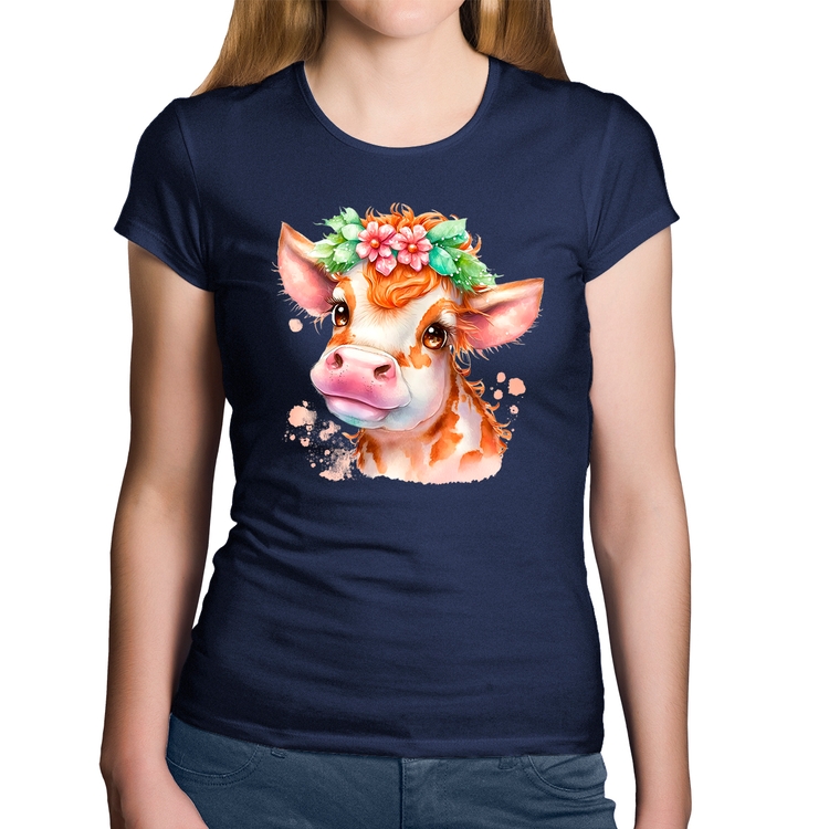 Baby Look Algodão Vaquinha E Flores - Marinho