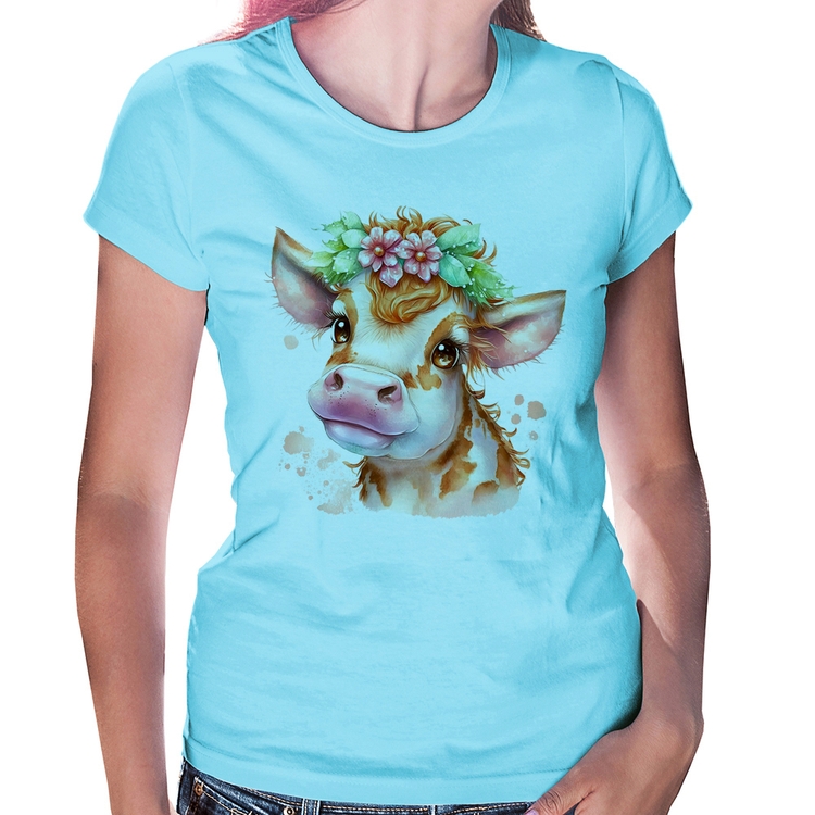 Baby Look Vaquinha E Flores - Azul Bebê