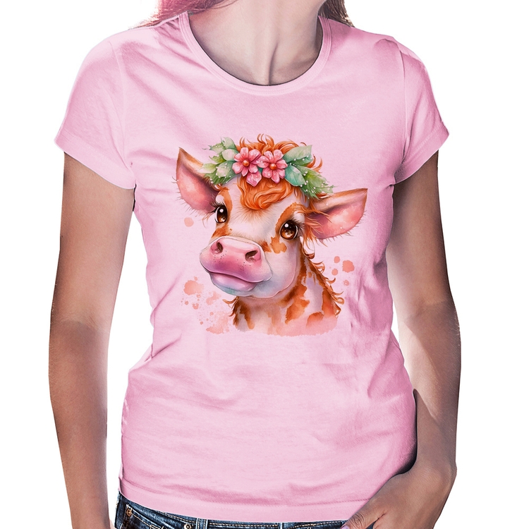 Baby Look Vaquinha E Flores - Rosa Bebê