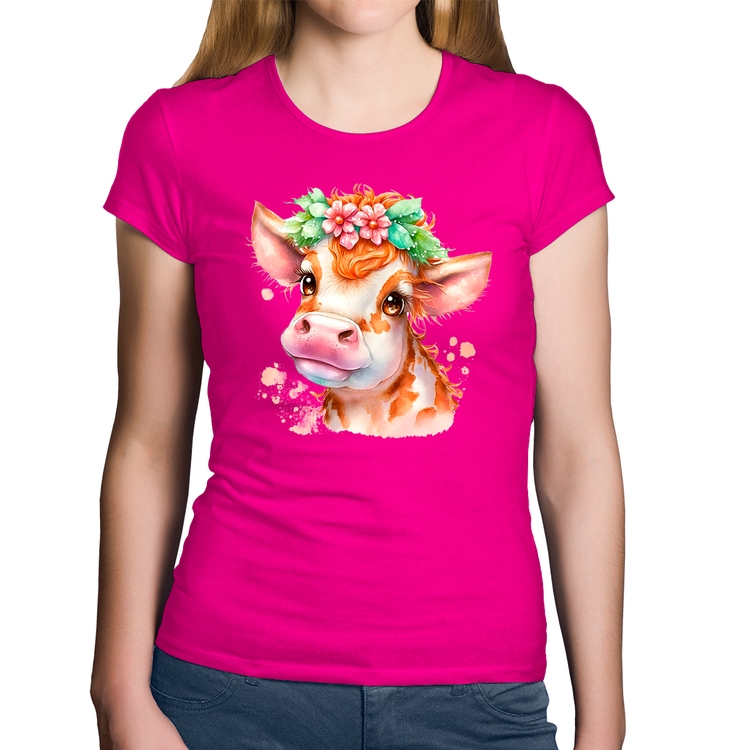 Baby Look Algodão Vaquinha E Flores - Rosa