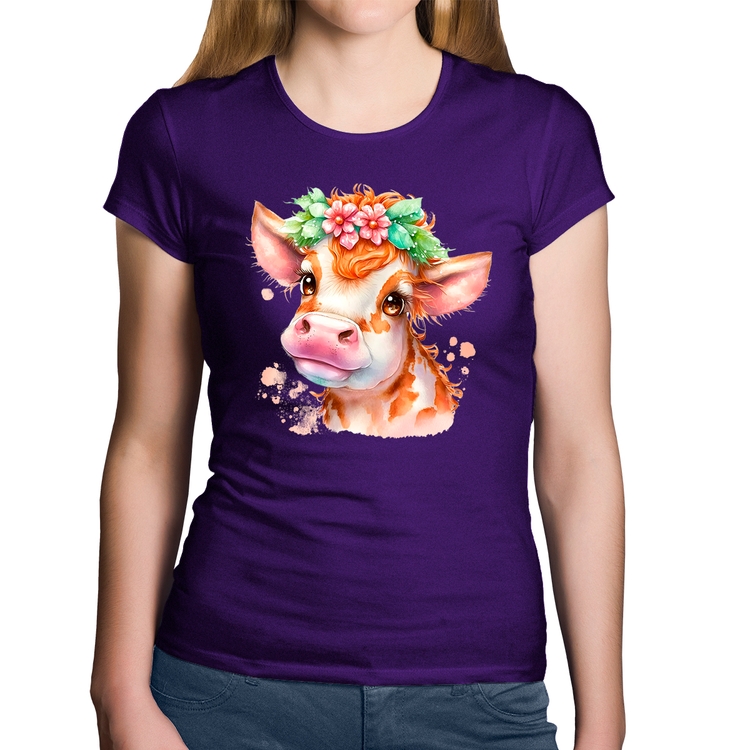 Baby Look Algodão Vaquinha E Flores - Roxa