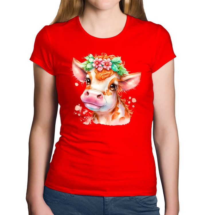 Baby Look Algodão Vaquinha E Flores - Vermelha