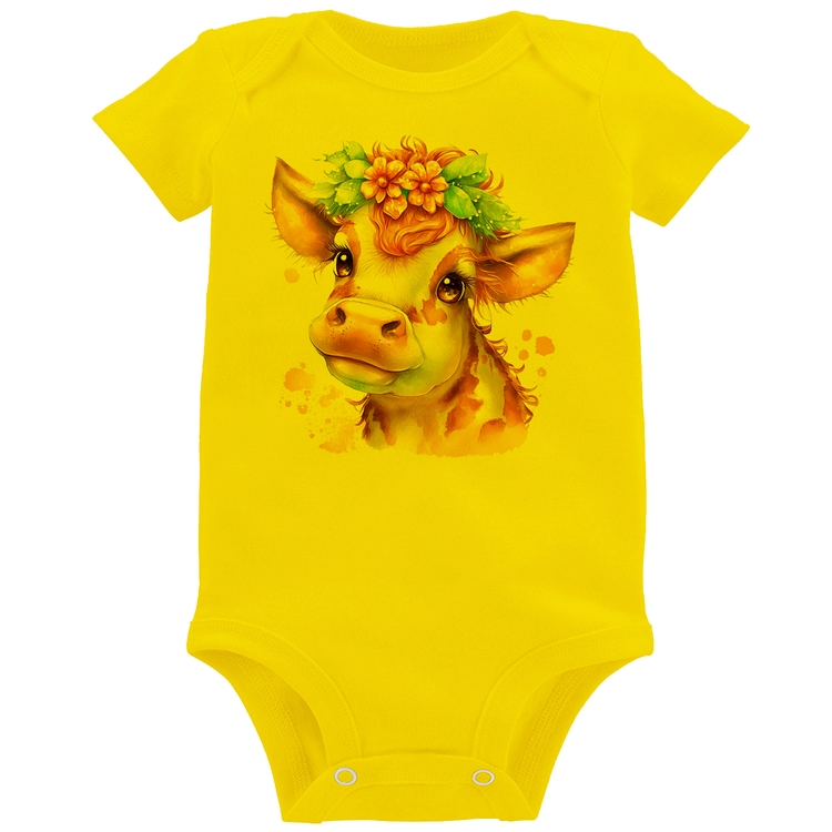 Body Bebê Vaquinha E Flores - Amarelo
