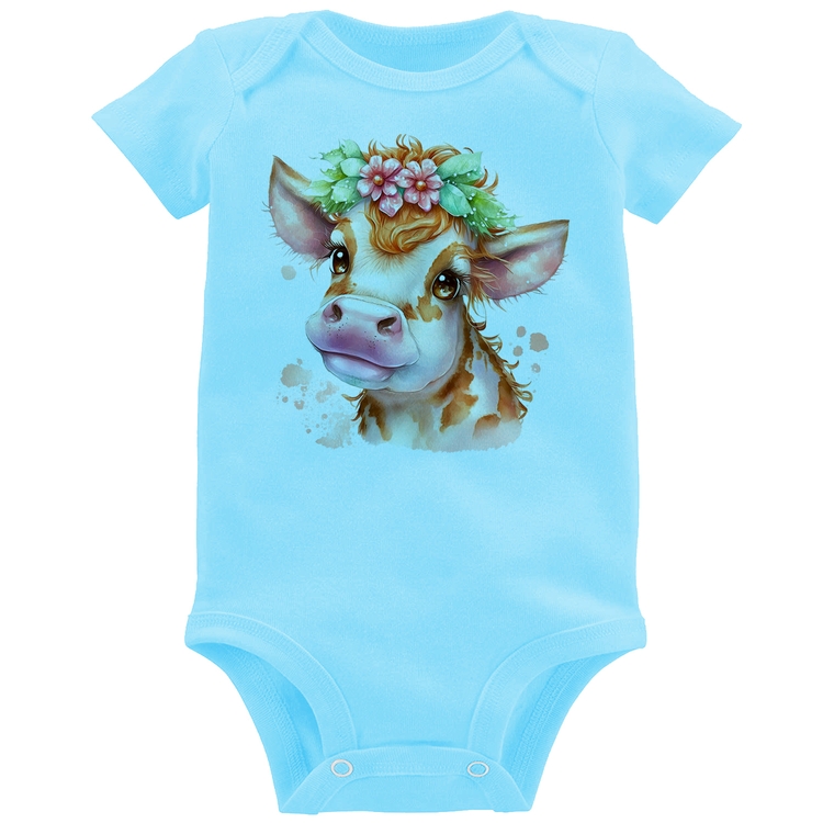 Body Bebê Vaquinha E Flores - Azul Bebê