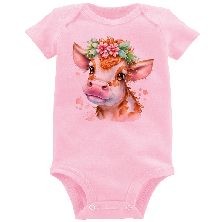 Body Bebê Vaquinha E Flores - Rosa Bebê
