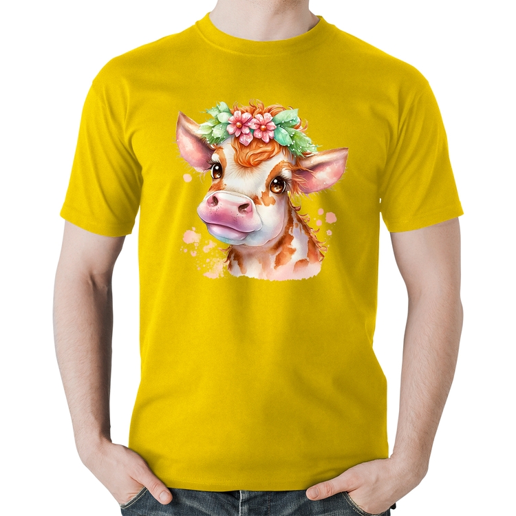 Camiseta Algodão Vaquinha E Flores - Amarela